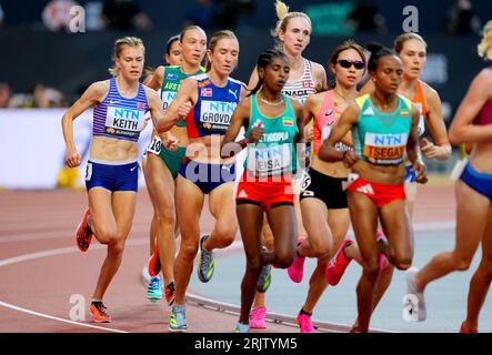 Great Britain's Megan Keith (left) in action in heat one of the Women's 5000 metres on day five of the World Athletics Championships at the National Athletics Centre, Budapest, Hungary. Picture date: Wednesday August 23, 2023. Stock Photo