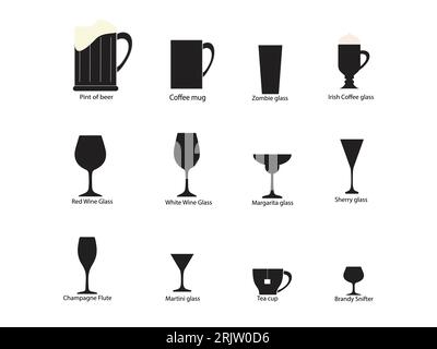 Silhouettes of different types of glasses, mugs and cups Stock Vector