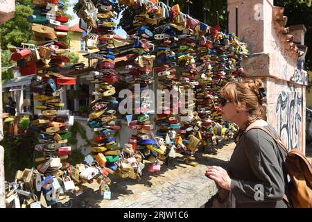 Love locks padlocks on railings in  Prague, Czech Republic Stock Photo