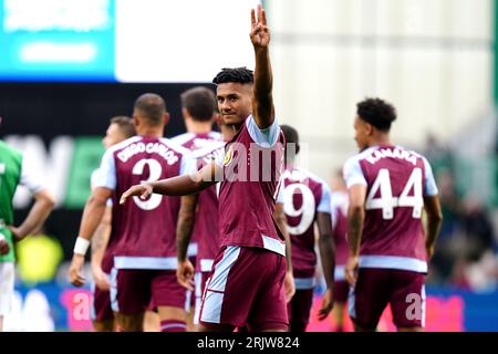 Aston Villa's Ollie Watkins (centre) celebrates scoring their side's fourth goal of the game and hat-trick during the first leg of the UEFA Europa Conference League play off match at Easter Road, Edinburgh. Picture date: Wednesday August 23, 2023. Stock Photo