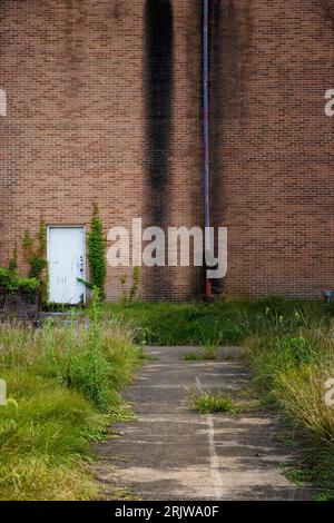 A small white door on a brick wall with weeds overgrowing on a sidewalk Stock Photo