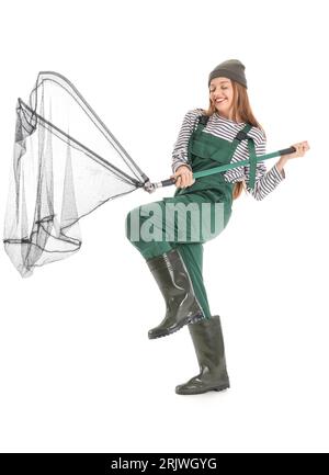 Happy fisherwoman with landing net on white background Stock Photo