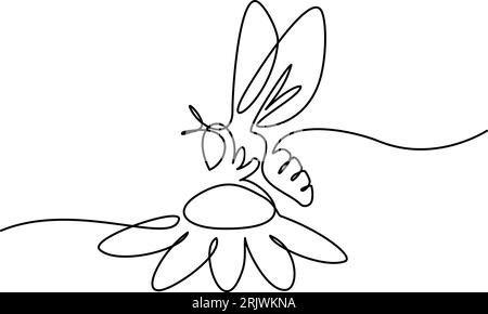 Bee sitting on flower. Continuous one line art drawing meadow. Stock Vector