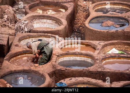 Famous tannery in the medina of Fes, where leather is being processed for generations, Morocco Stock Photo