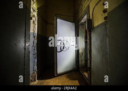Blast proof armored doors in the military bunker. Stock Photo