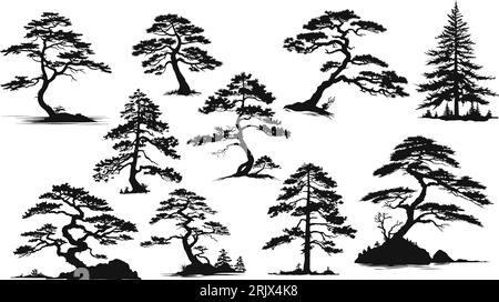 Tree silhouette black vector. Isolated set forest trees on white background Stock Vector