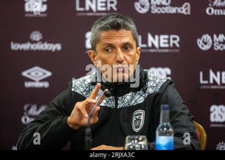 Tynecastle Park, Edinburgh, UK. 23rd Aug, 2023. PAOK Salonika press conference and training session ahead of the UEFA Europa Conference League qualifying match against Heart of Midlothian in Edinburgh, Scotland; PAOK manager Razvan Lucescu Credit: Action Plus Sports/Alamy Live News Stock Photo