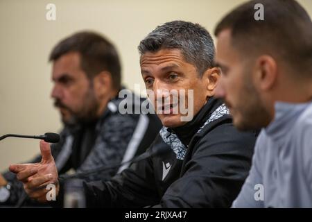 Tynecastle Park, Edinburgh, UK. 23rd Aug, 2023. PAOK Salonika press conference and training session ahead of the UEFA Europa Conference League qualifying match against Heart of Midlothian in Edinburgh, Scotland; PAOK manager Razvan Lucescu Credit: Action Plus Sports/Alamy Live News Stock Photo