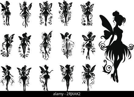 Cute Fairies silhouette collection, Little fairies set. Hand drawn vector illustration. Stock Vector