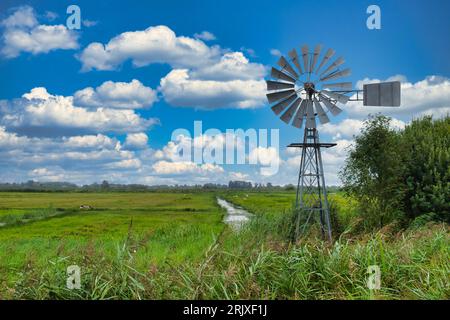 A water mill, used to regulate water levels in low-lying areas, in the marshy National Park De Alde Feanen in the province of Friesland, Netherlands Stock Photo