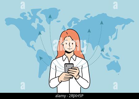Woman with phone uses 5G technology standing near world map and exchanging information with international servers. Girl with smartphone is addicted to surfing net thanks to fast 5G connection Stock Vector