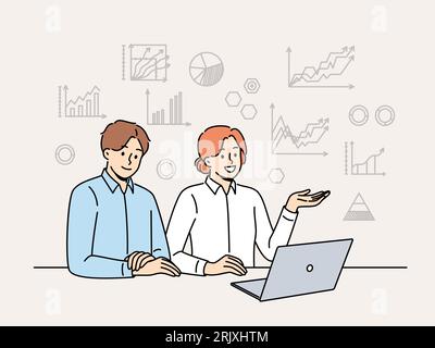 Business people are sitting at table with laptop, studying financial charts and graphs and using CRM software. Man and woman are participating in online meeting or discussing business indicators Stock Vector