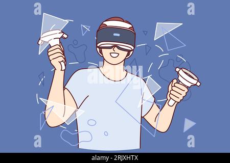 Guy with virtual reality headset on face, holds joysticks for video games and stands among rendered broken glass. Teenager boy uses vr glasses and studies virtual or augmented reality technologies Stock Vector