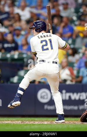 Milwaukee Brewers' Mark Canha hits a single during the sixth inning of a  baseball game against the Washington Nationals Sunday, Sept. 17, 2023, in  Milwaukee. (AP Photo/<orry Gash Stock Photo - Alamy