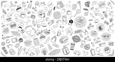 Set of restaurant doodles - food and drinks - on white background- vector illustration Stock Vector
