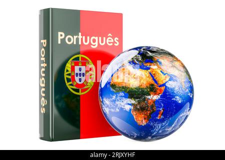 Portuguese language textbook with Earth Globe. International lessons and courses of Portuguese language, 3D rendering isolated on white background Stock Photo