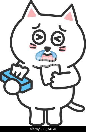 White cartoon cat has a running nose with tissues, vector illustration. Stock Vector