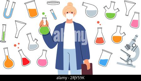 Laboratory glassware. Chemical lab measuring equipment. Conical flask, glass beaker, round bottom flask, filter funnel, graduated cylinder, microscope Stock Vector