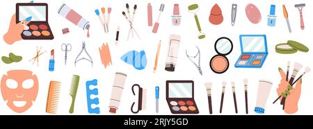 Makeup tools. Makeup and beauty tools. Manicure and pedicure tools, cosmetic cream, brushes, nail polish, sponge, hair comb, massage roller. Stock Vector