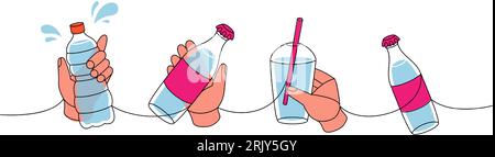 Hands with plastic bottles one line colored continuous drawing. Plastic bottles and glass beaker continuous one line illustration. Vector illustration Stock Vector