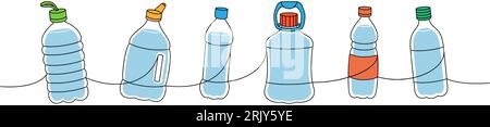 Plastic bottles one line colored continuous drawing. Empty plastic bottles continuous one line illustration. Vector linear illustration. Stock Vector
