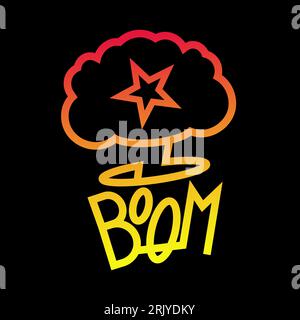 Boom neon sign. Glowing neon boom inscription on pink cloud with exclamation mark. Night bright advertisement. Vector illustration for night party and Stock Vector