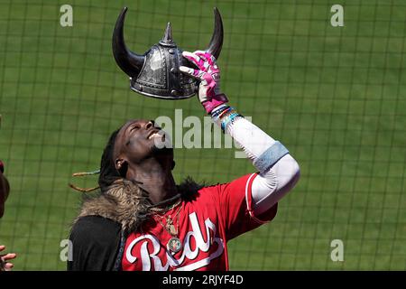 Cincinnati Reds' Elly De La Cruz puts a Viking helmet on after hitting a  three-run home run during the fifth inning of a baseball game against the  Los Angeles Angels Wednesday, Aug. 23, 2023, in Anaheim, Calif. (AP  Photo/Mark J. Terrill Stock Photo - Alamy