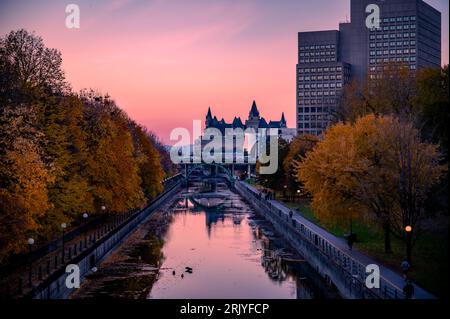 Fall foliage, Rideau Canal, Chateau Laurier, Sunset Sky, Ottawa, Ontario, Canada Stock Photo