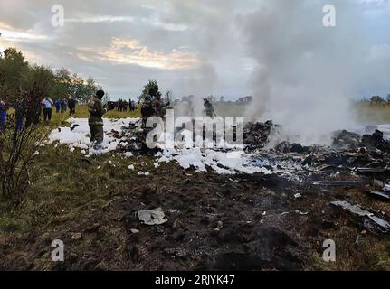 Tver, Russian Federation. 23rd Aug, 2023. Rescuers work at the site of a plane crash near the village of Kuzhenkino, Tver region, Russia on August 23, 2023. Russian Ministry of Emergency Situations said on Wednesday that a private plane crashed in Tver region, killing all 10 people aboard, while the Russian Federal Air Transport Agency, Rosaviatsia, said that Wagner chief Yevgeny Prigozhin was on the list of passengers. Photo by Russian Investigative Committee/ Credit: UPI/Alamy Live News Stock Photo