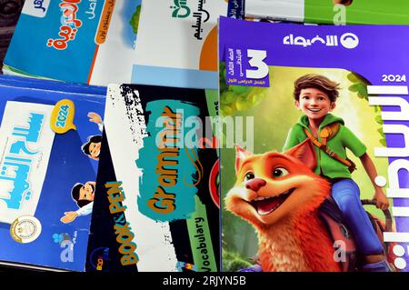 Cairo, Egypt, August 18 2023: Pile of Educational books used by Egyptian school children, learning, teaching, educational books concept either issued Stock Photo