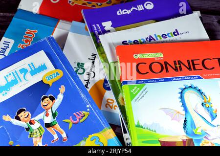 Cairo, Egypt, August 18 2023: Pile of Educational books used by Egyptian school children, learning, teaching, educational books concept either issued Stock Photo