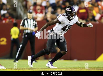 Baltimore Ravens linebacker Jeremiah Moon (48) rushes the quarterback as Tampa  Bay Buccaneers offensive tackle Tristan Wirfs (78) defends during an NFL  preseason football game, Saturday, Aug. 26, 2023, in Tampa, Fla. (