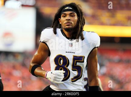 Baltimore Ravens wide receiver Shemar Bridges (85) during the first half of  an NFL preseason football game against the Arizona Cardinals, Sunday, Aug.  21, 2022, in Glendale, Ariz. (AP Photo/Rick Scuteri Stock