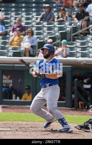 August 20 2023: Oklahoma City first baseman David Freitas (23) gets hit during the game with Oklahoma City Dodgers and Salt Lake Bees held at Smiths Field in Salt Lake Ut. David Seelig/Cal Sport Medi Stock Photo