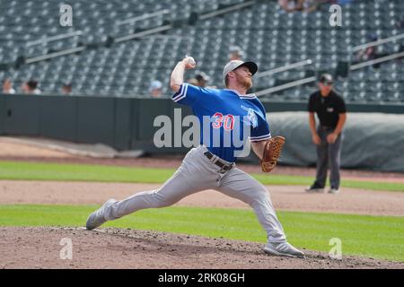 August 20 2023: Oklahoma City pitcher Jake Reed (19) throws a pitch during the game with Oklahoma City Dodgers and Salt Lake Bees held at Smiths Field in Salt Lake Ut. David Seelig/Cal Sport Medi Stock Photo