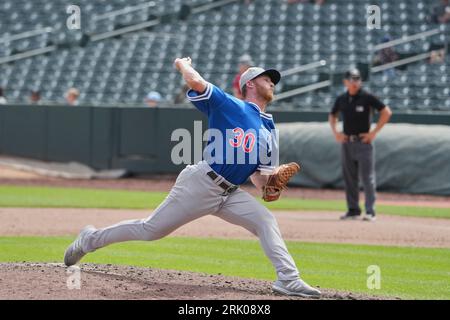 August 20 2023: Oklahoma City pitcher Jake Reed (19) throws a pitch during the game with Oklahoma City Dodgers and Salt Lake Bees held at Smiths Field in Salt Lake Ut. David Seelig/Cal Sport Medi Stock Photo