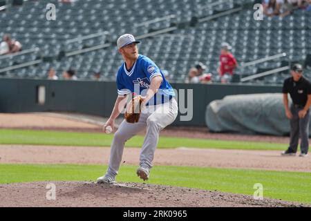 August 20 2023: Oklahoma City pitcher Jake Reed (19) throws a pitch during the game with Oklahoma City Dodgers and Salt Lake Bees held at Smiths Field in Salt Lake Ut. David Seelig/Cal Sport Medi Stock Photo