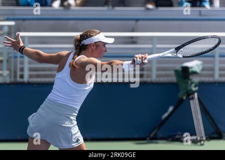 New York, New York, USA. 22nd Aug, 2023. Mary Stoiana of USA returns ball during 1st round match against Victorija Golubic of Switzerland of qualifying for US Open Championship at Billy Jean King Tennis Center in New York. Golubic won in straight sets. (Credit Image: © Lev Radin/Pacific Press via ZUMA Press Wire) EDITORIAL USAGE ONLY! Not for Commercial USAGE! Stock Photo