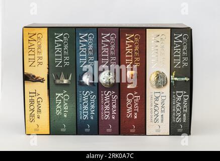 Brisbane, Australia - August 21, 2023: Game Of Thrones Books. A Song of Ice and Fire Series of high fantasy novels by George R.R. Martin Stock Photo
