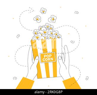 Hands holding popcorn vector line concept Stock Vector
