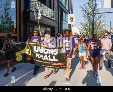 Milwaukee, United States. 23rd Aug, 2023. People protest at the first Republican presidential candidate debate of the 2024 presidential race at Fiserv Forum in Milwaukee, Wisconsin, August 23, 2023. Fiserv Forum will will be the site of the Republican National Convention July 15-18, 2024 where the Republican presidential candidate will be nominated. Photo by Tannen Maury/UPI Credit: UPI/Alamy Live News Stock Photo