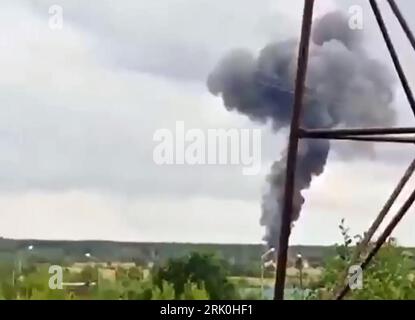 Tver, Russian Federation. 24th Aug, 2023. ? still image grabbed from the footage posted on a Wagner linked Telegram channel @grey zone on August 23, 2023, shows smoke rising over plane wreckage near the village of Kuzhenkino, Tver region, Russia on August 23, 2023. Russian Ministry of Emergency Situations said on Wednesday that a private plane crashed in Tver region, killing all 10 people aboard, while the Russian Federal Air Transport Agency, Rosaviatsia, said that Wagner chief Yevgeny Prigozhin was on the list of passengers. Photo by Gray Zone/ Credit: UPI/Alamy Live News Stock Photo