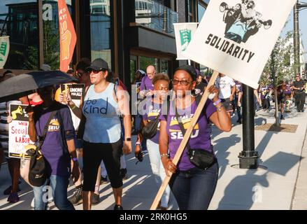 Milwaukee, United States. 23rd Aug, 2023. Union supporters march and protest at the first Republican presidential candidate debate of the 2024 presidential race at Fiserv Forum in Milwaukee, Wisconsin, August 23, 2023. Fiserv Forum will will be the site of the Republican National Convention July 15-18, 2024 where the Republican presidential candidate will be nominated. Photo by Tannen Maury/UPI Credit: UPI/Alamy Live News Stock Photo