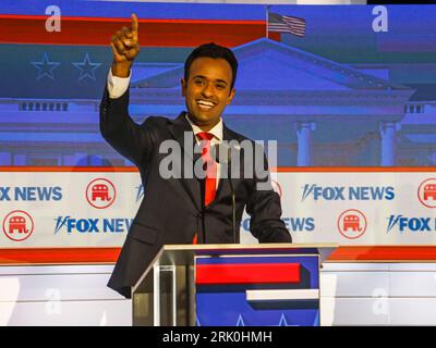 Milwaukee, United States. 23rd Aug, 2023. Republican presidential candidate Vivek Ranaswamy waves after taking the stage at the first Republican presidential candidate debate of the 2024 presidential race at Fiserv Forum in Milwaukee, Wisconsin, August 23, 2023. Fiserv Forum will will be the site of the Republican National Convention July 15-18, 2024 where the Republican presidential candidate will be nominated. Photo by Tannen Maury/UPI Credit: UPI/Alamy Live News Stock Photo