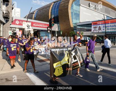 Milwaukee, United States. 23rd Aug, 2023. Union supporters march and protest at the first Republican presidential candidate debate of the 2024 presidential race at Fiserv Forum in Milwaukee, Wisconsin, August 23, 2023. Fiserv Forum will will be the site of the Republican National Convention July 15-18, 2024 where the Republican presidential candidate will be nominated. Photo by Tannen Maury/UPI Credit: UPI/Alamy Live News Stock Photo