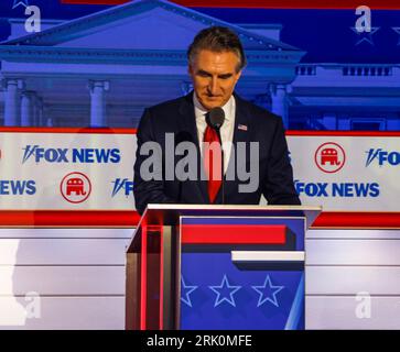 Milwaukee, United States. 23rd Aug, 2023. Republican presidential candidate Doug Burgum stands at his position during the first Republican presidential candidate debate of the 2024 presidential race at Fiserv Forum in Milwaukee, Wisconsin, August 23, 2023. Fiserv Forum will will be the site of the Republican National Convention July 15-18, 2024 where the Republican presidential candidate will be nominated. Photo by Tannen Maury/UPI Credit: UPI/Alamy Live News Stock Photo