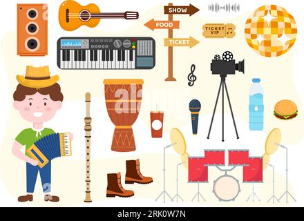 Music Elements Vector Illustration with Various of Note and Musical Instruments Modern in Flat Kids Cartoon Hand Drawn Background Templates Stock Vector