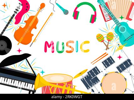 Music Elements Vector Illustration with Various of Note and Musical Instruments Modern in Flat Kids Cartoon Hand Drawn Background Templates Stock Vector