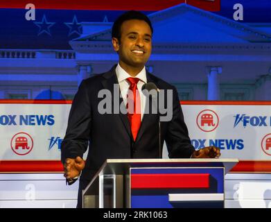 Milwaukee, United States. 23rd Aug, 2023. Republican presidential candidate Vivek Ranaswamy smiles during the first Republican presidential candidate debate of the 2024 presidential race at Fiserv Forum in Milwaukee, Wisconsin, August 23, 2023. Fiserv Forum will will be the site of the Republican National Convention July 15-18, 2024 where the Republican presidential candidate will be nominated. Photo by Tannen Maury/UPI Credit: UPI/Alamy Live News Stock Photo