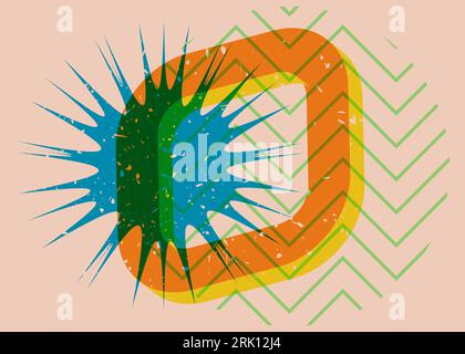 Colorful geometric shapes in risograph print texture style. Object in trendy riso graph design. Simple geometry elements. Stock Vector